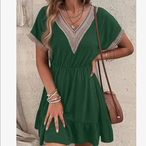 Boho Sheer Mesh Crochet Lace Flounce Sleeve Ruffle Dress - Picture 13 of 15